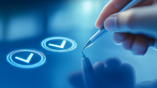Pen marking checkboxes with glowing ticks on digital screen