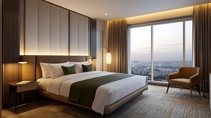 A modern hotel room featuring a stylish bed, elegant decor, and a large window offering a city view at dusk.