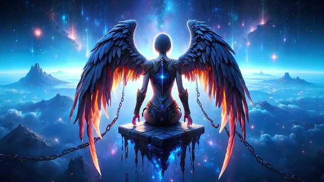 Fantastic angelic figure with vast wings sits on a floating platform above earth, gazing at cosmic nebulae. Ethereal celestial scene with surreal unchained creature or space guardian watching horizon