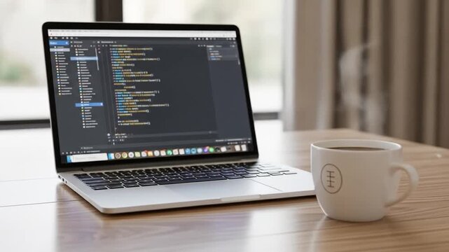 Code, Coffee and Creation: A Minimalist Workspace Scenario for Developers, Laptop with program code and coffee mug on wooden desk perfect for developer theme