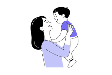 A mother lovingly lifts her child into the air, smiling warmly with deep affection, isolated on a transparent background