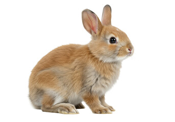 Fototapeta premium A 6-month-old pristine brown and white bunny, sitting alert on a transparent studio background with high-key lighting. Concept of agile growth and corporate potential