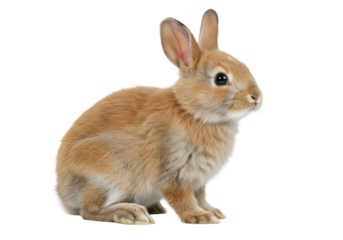 A 6-month-old pristine brown and white bunny, sitting alert on a transparent studio background with high-key lighting. Concept of agile growth and corporate potential