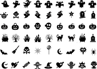 Obraz premium Halloween Icons Set – Black Silhouettes of Ghosts, Pumpkins, Witches, Bats, Cats, Spiders, Tombstones, and Scary Symbols for Festive Design
