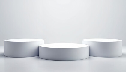 Minimalist podium scene featuring three white empty platforms or stages arranged in a row for product advertising or presentation