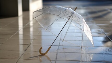 clear transparent umbrella leaning on wet tiled floor, soft natural light, raindrops on surface, poetic still life