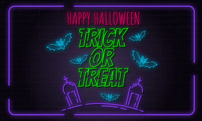 A spooky neon-themed Halloween design with "Happy Halloween" and "Trick or Treat" text. Features include bats, tombstones, and a brick wall background in pink, green, blue, and purple.