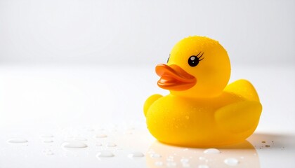 Yellow rubber duck with orange beak and water droplets on white surface.