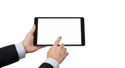 Well-groomed hands in professional cuffs hold a black digital tablet, finger interacting with blank screen on a transparent studio background, versatile digital mockup concept