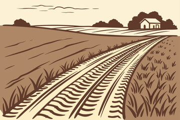 Fototapeta premium Rural Landscape with Farmhouse and Dirt Road with Tire Tracks