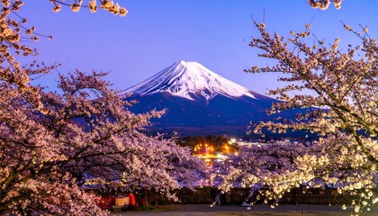 Mount Fuji Cherry Blossom Sunset View