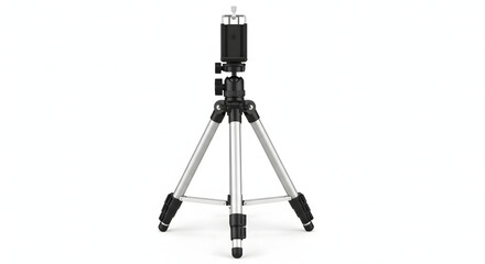 Silver and black adjustable tripod for cameras and other devices on white background.