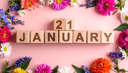 Wooden Blocks with Date 21 January. Floral Calendar – Vibrant Flowers on Solid Colored Background
