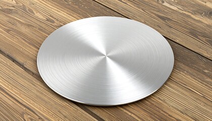 Polished metal disc on a wooden surface.