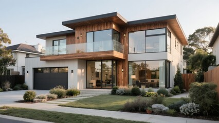 Fototapeta premium Modern Two-story House with Large Glass Windows and Wooden Accents in Suburban Neighborhood