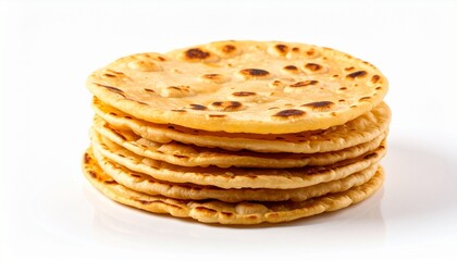 Stack of folded flatbreads on white background.