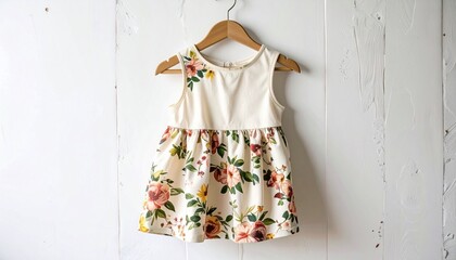 Sleeveless floral child’s dress on hanger with lights and plant against white paneled wall.