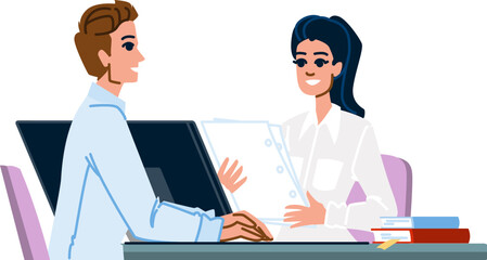 Office workers discussing business strategy using computer and documents