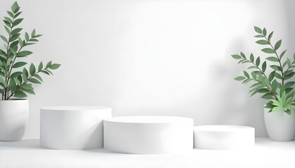 Minimalist podium scene featuring three white empty platforms or stages arranged in a row for product advertising or presentation