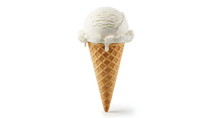 A single scoop of classic vanilla ice cream in a crispy waffle cone, isolated on a clean white background.