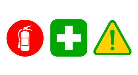 Obraz premium Essential safety icons a fire extinguisher first aid and warning sign for hazard awareness and emergency preparedness