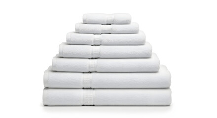 A neatly stacked pyramid of soft, white cotton bath towels, showcasing their plush texture and clean appearance.