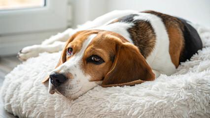 Beagle dog resting on a fluffy white dog bed indoors near a window