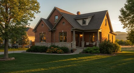 Charming Brick House with Stone Details and Sunset Glow