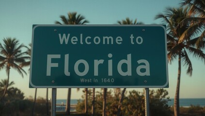 Welcome to Florida Sign with Tropical Palm Background, Coastal Palm Highway, Golden Hour