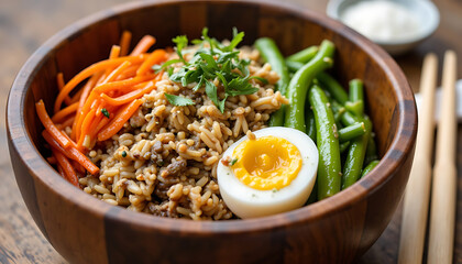 Rice bowl with ground meat, green beans, carrots, and egg  