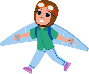 Happy child wearing pilot helmet and artificial wings flying and smiling