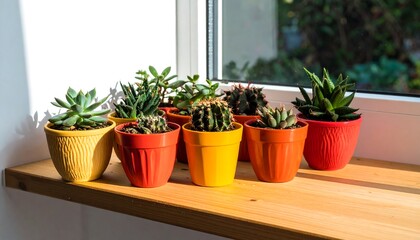 Vibrant potted succulents and cacti in colorful pots line a windowsill, bathed in sunlight.