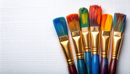 Fototapeta premium Five paintbrushes dipped in vibrant colors on white background.