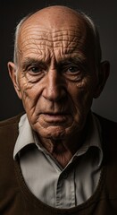 Obraz premium A close-up, dramatic portrait of an elderly man with a serious expression and deeply wrinkled face, highlighting his age and life experience.
