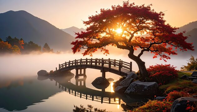 A traditional Japanese arched bridge over a misty lake with a vibrant red autumn tree at sunrise. - Powered by Adobe