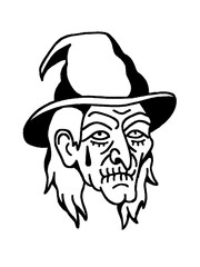 Old witch with a long beard and pointed hat, vintage tattoo design