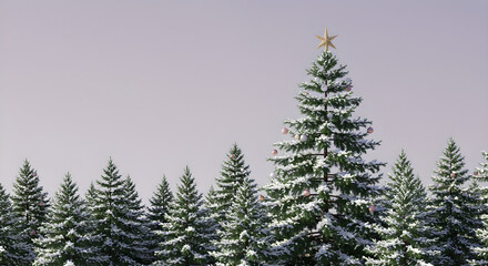 Obraz premium Golden star Christmas tree and festive ornaments among snow-covered evergreens, set against a peaceful winter sky.