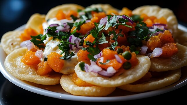 Pani puri chaat with fresh toppings and coriander garnish