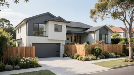 Fototapeta premium Modern Two-story House with Gray and White Exterior Surrounded by Greenery and Wooden Fence