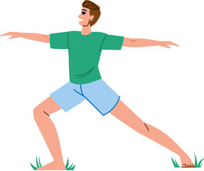 Young man practicing virabhadrasana yoga pose outdoors