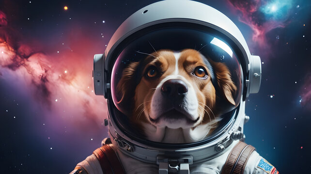 Realistic surreal digital artwork of a dog wearing an astronaut helmet, with stars and galaxy in the background.