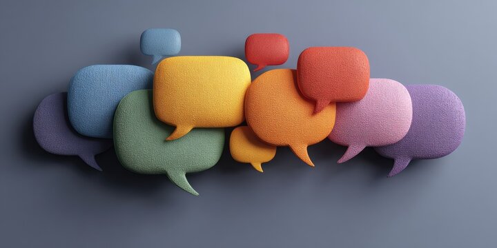 Colorful speech bubbles clustered on gray background - Powered by Adobe