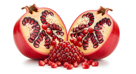 A fresh ripe pomegranate cut in half, with a pile of its juicy red seeds isolated on a white background.
