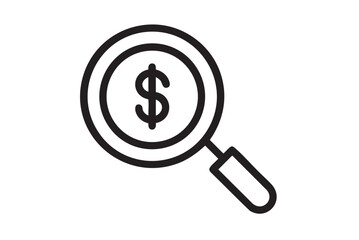 Magnifying glass examining a coin with a dollar sign representing financial analysis and search for money