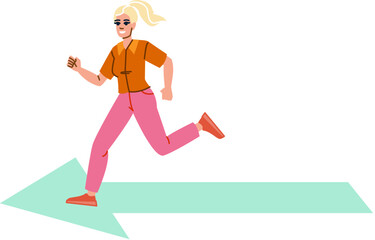 Businesswoman running on a big green arrow following the right direction