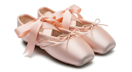 A pair of elegant pink satin ballet pointe shoes with ribbons tied, isolated on a white background.