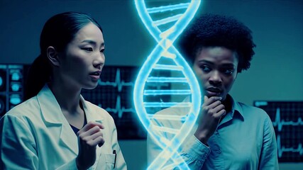 Diverse female scientists collaborating on genetic research studying a glowing holographic DNA helix in an advanced laboratory setting Exploring biotechnology - Powered by Adobe