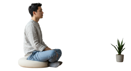 A young adult professional meditating peacefully on a cushion in a bright, minimalist interior with a succulent, soft natural light and shallow depth of field, concept of mental well-being and balance