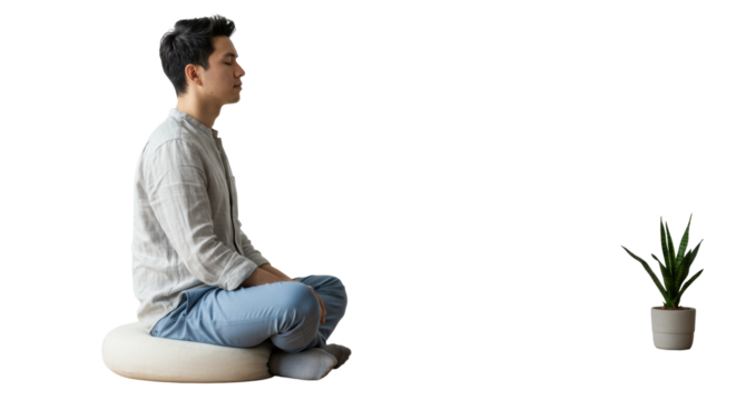 A young adult professional meditating peacefully on a cushion in a bright, minimalist interior with a succulent, soft natural light and shallow depth of field, concept of mental well-being and balance