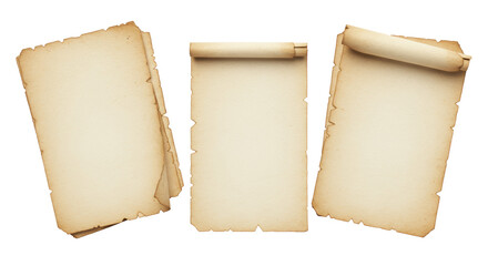 Three or more artfully arranged vintage paper sheets, parchment, bond, fibrous, subtle discoloration, frayed edges, pristine transparent studio background, sharp focus, corporate legacy and historical